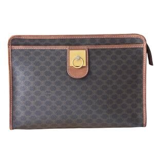 Authentic CELINE Macadam Blason Pattern Clutch Hand Bag PVC Leather Brown Pckts